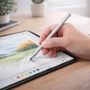 Just Mobile silberner Stift für iPad im Einsatz auf einem Tablet zum Zeichnen und Notieren mit Präzisionsspitze