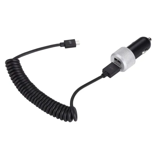 Chargeur de voiture double USB Just Mobile Highway Max avec câble intégré et détail texturé argenté