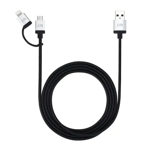 Schwarzes Kabel, rechts mit USB-A-Stecker und links mit Micro-USB-Stecker mit Lightning-Adapter, Metallummantelung, teilweise spiralförmig.