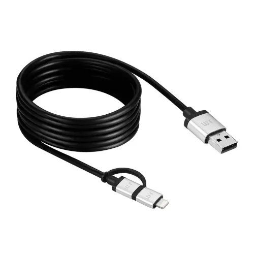 Câble de charge spiralé Just Mobile AluCable Duo avec connecteurs USB-A et Lightning, finition noire
