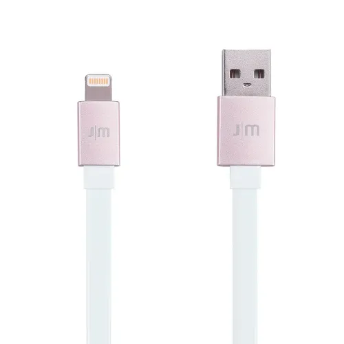 Flaches weißes Kabel mit USB-A- und Lightning-Anschlüssen aus roségoldfarbenem Aluminium, vor weißem Hintergrund mit getrennt dargestellten Enden.