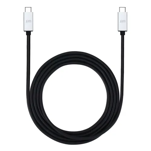 USB-C till USB-C-kabel i svart med silverfärgade aluminiumkontakter, upprullad i en spiral med ändar mot helt vit bakgrund
