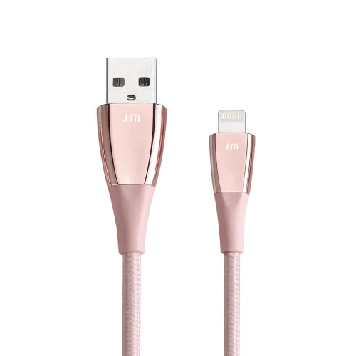 Geflochtenes, roségoldfarbenes Lightning-Kabel mit USB-A- und Lightning-Anschluss, Metallgehäuse mit JM-Logo, vor reinweißem Hintergrund.