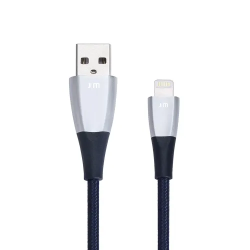 Just Mobile ZinCable Lightning-Kabel mit USB-A- und Lightning-Anschluss, schwarz ummanteltem, geflochtenem Kabel und silbernem Gehäuse mit JM-Logo.