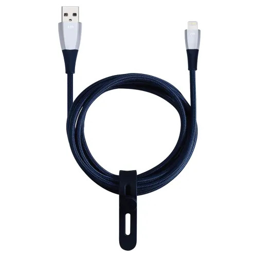 ZinCable Lightning-Kabel in Schwarz/Silber mit USB-A- und Lightning-Steckern, geflochten und spiralig aufgerollt mit schwarzem Kabelbinder.