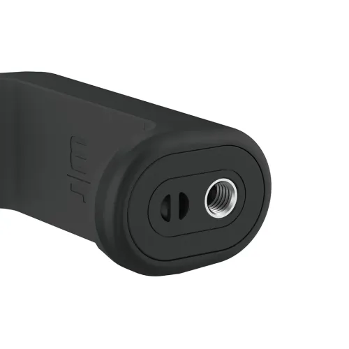 Just Mobile Detailaufnahme der Unterseite des Shutter Grip mit abgerundetem schwarzem Ende, Metallgewinde für das Stativ und ovaler Öffnung für die Handschlaufe.
