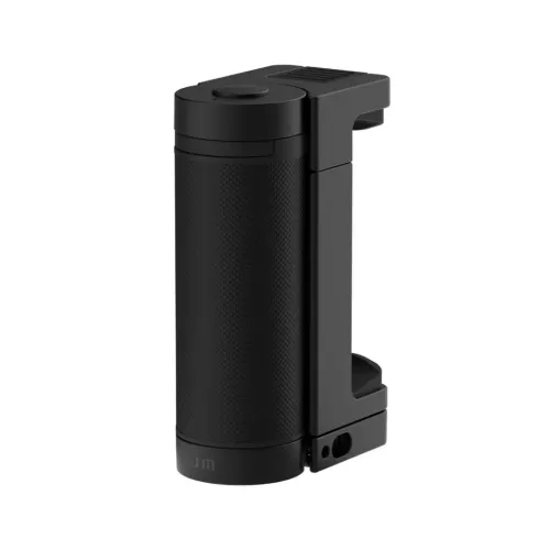 Schwarzer Smartphone-Griff mit geriffeltem, zylindrischem Griffstück, rundem Knopf oben, rechts positioniertem Clip und zwei Befestigungsbohrungen im Sockel an der Unterseite.