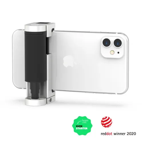 Shutter Grip 2 in Silber mit schwarzem, geriffeltem Griff und Klemmbefestigung zur Aufnahme eines Smartphones im Querformat, Cold-Shoe oben und Fuß.