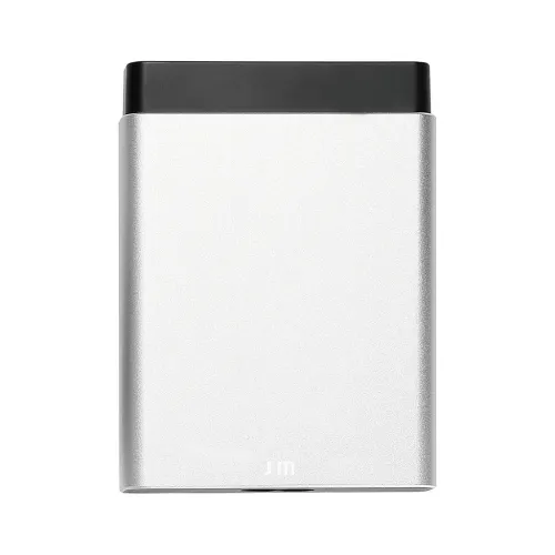 Chargeur USB ultrafin Just Mobile aluCharge en argent brossé et noir, avec le logo JM