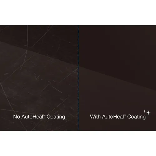 Split image comparing a scratched surface with the text No AutoHeal Coating and a smooth, dark surface with the text With AutoHeal Coating.