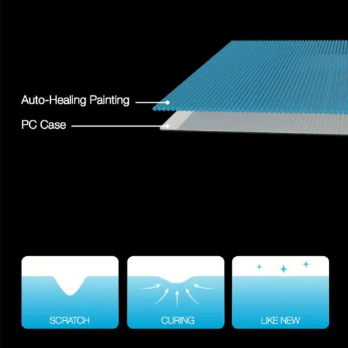 The Just Mobile TENC shell shows two layers with text Auto-Healing Painting and PC Case and three icons: Scratch, Curing, Like New.