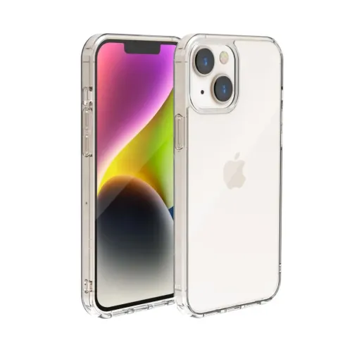 Crystal clear case for iPhone 14, showing front and back with covered buttons, raised edges and precisely cut camera hole.