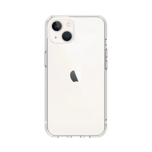 Crystal clear case for iPhone 14 with back view, raised corners, covered buttons and cut-outs for sockets and speakers.