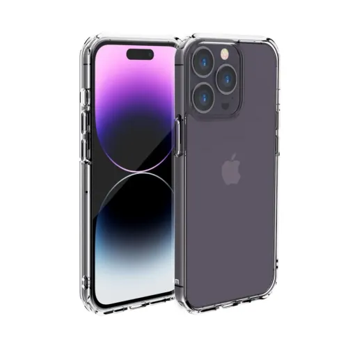 Transparent case for iPhone 14 Pro, shown front and back, with covered buttons, raised edges and clear recesses around the camera.
