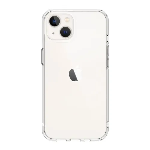 Crystal clear iPhone mobile case shows the back with two cameras and flash, covered side buttons, cut-out and raised corners.