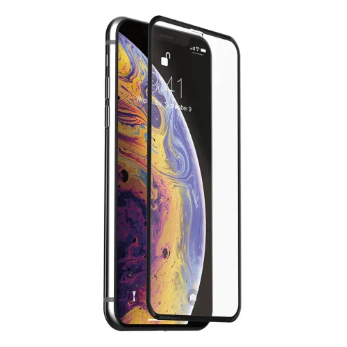 Just Mobile Xkin 3D skärmskydd för iPhone XS Max, svart ram; visas framför telefonen, kant-till-kant med utskärning ovantill