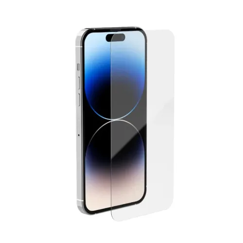 Skärmskydd av härdat glas för iPhone 14 Pro, transparent panel med rundade hörn och sensorutskärning, visad framför telefonen.