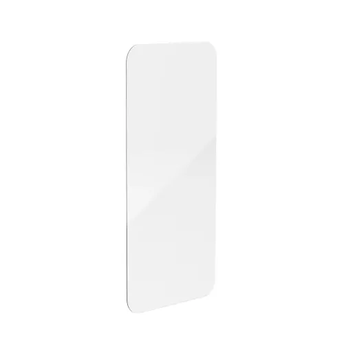 Displayschutz aus gehärtetem Glas, transparent und rechteckig mit abgerundeten Ecken und schlankem Randprofil, freistehend und nach rechts geneigt.