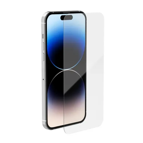 Displayschutz aus gehärtetem Glas für das iPhone 14 Pro Max für die Vorderseite, mit Sensor-Aussparung, abgerundeten Kanten und seitlichen Tasten.