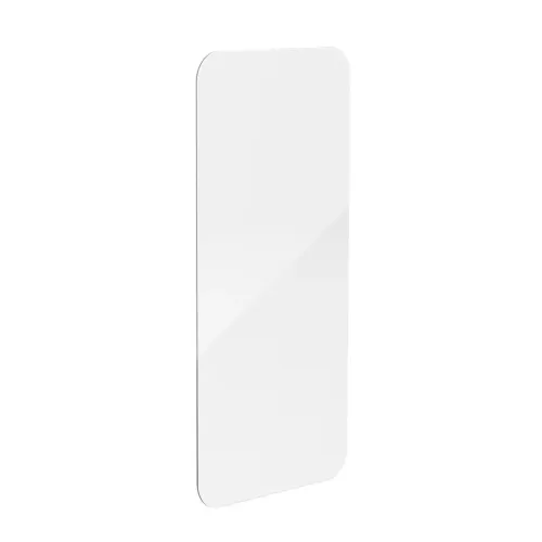 Displayschutz aus gehärtetem Glas, dünn und schräg dargestellt; Panel mit abgerundeten Ecken und leicht gebogenen, glatten Kanten auf weißem Hintergrund.