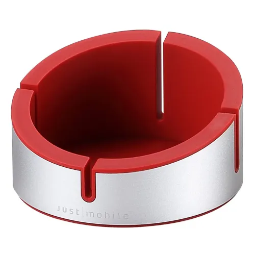 Gerätehalter aus silberfarbenem Aluminium mit rotem Gummieinsatz, rundes flaches Design mit vier Kabelschlitzen, Logo auf der Vorderseite.
