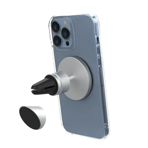 Alumiininen autokiinnike, jossa on pyöreä levy ja tuuletuskiinnike, kiinnitetään matkapuhelimen takaosaan; ovaali lisävarusteosa vieressä kuvassa.