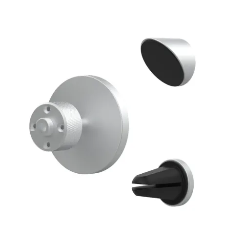 Magneettinen alumiininen autokiinnike, jossa on pyöreä pohja, uritettu tappi, soikea etulevy ja tuuletusklipsi, kuvassa selvästi purettuna