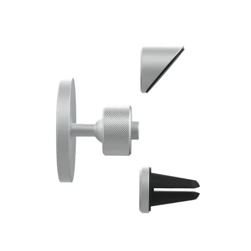 Autoteline hopeaa alumiinia, jossa on varren pyöreä levy, uritettu sylinteri, kiilamainen jalusta ja musta venttiilikiristin kynsillä.