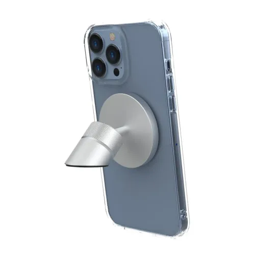 AluDisc Go -autoteline hopeanvärisestä alumiinista, jossa on pyöreä pohja ja kulmikas uritettu pää, joka kiinnitetään matkapuhelimen takaosaan.