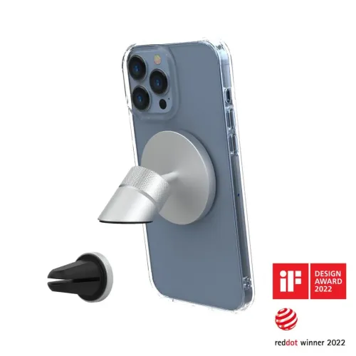 Magneettinen alumiininen autoteline, jossa on pohja ja kartiomainen, uritettu liitos, joka kiinnitetään puhelimen takapuolelle; tuuletusaukkoteline näkyy vieressä.