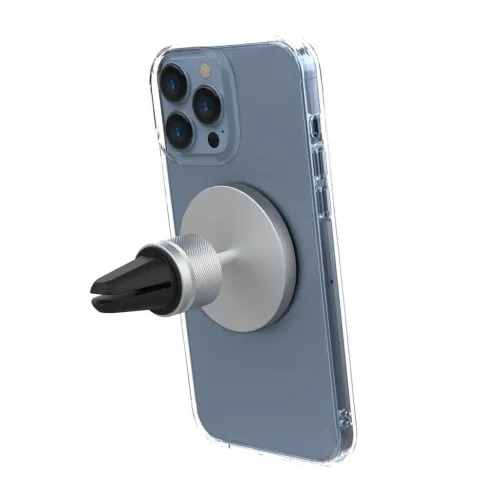 Magneettinen alumiininen autokiinnike, jossa on pyöreä levy, uritettu kaula ja musta tuuletusklipsi, asennettuna siniseen älypuhelimeen.