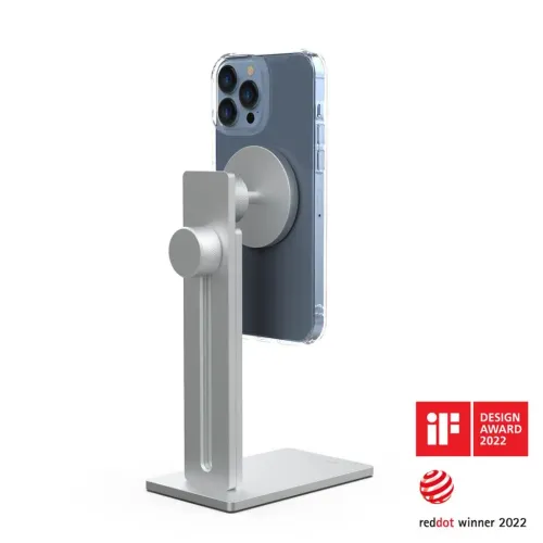 Just Mobile AluDisc Pro, Tischständer mit vertikaler Schiene, zwei Drehknöpfen und rundem Magnetkopf, der ein Smartphone aufrecht hält.