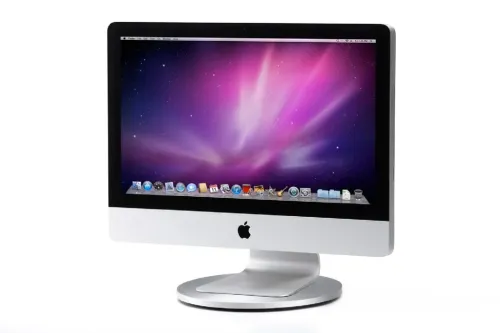Plateau tournant Just Mobile AluDisc avec Apple iMac, base en aluminium argenté pour une rotation de l’écran à 360°