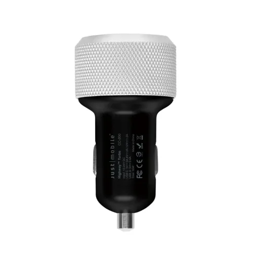 Svart billader med riflet sølvring, sylindrisk kropp med sideklips og metallspiss, Just Mobile-logo på siden.