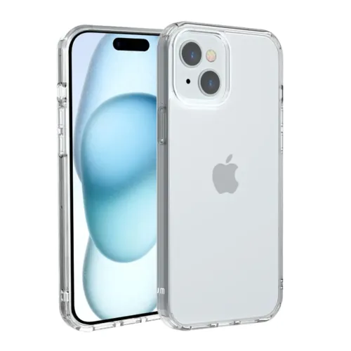 Kristallklares Handycase für iPhone 15 Plus, von vorne und hinten gezeigt, mit erhöhtem Kamerarand, Aussparungen und abgerundeten Ecken.