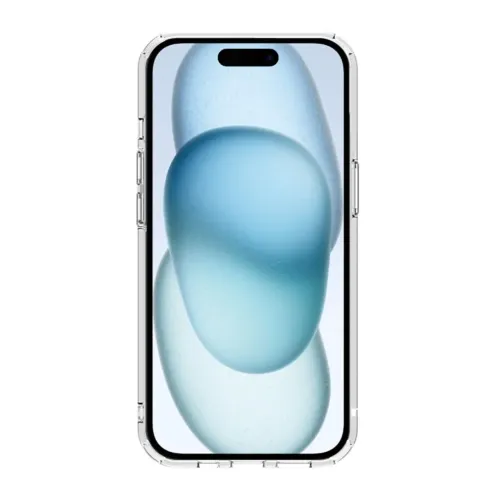 Kristallklare Schutzhülle für iPhone 15 Plus mit transparentem Rahmen, erhöhten Ecken und Aussparungen für Tasten und Anschlüsse.