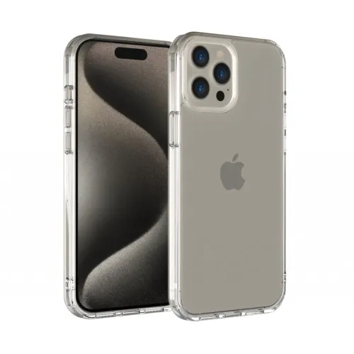 Crystal clear case for iPhone 15 Pro, shown front and back, with reinforced corners, raised camera bezel and precise cutouts.