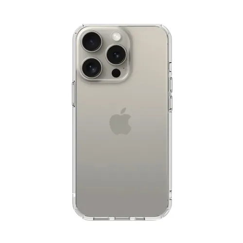 Crystal clear protective case for iPhone 15 Pro, shown from the back with a cut-out camera hole, covered buttons and raised corners.