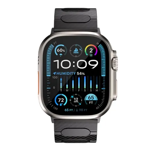 Bracelet Apple Watch Just Mobile en fibre de carbone avec fermoir magnétique, présenté sur une montre connectée noire.