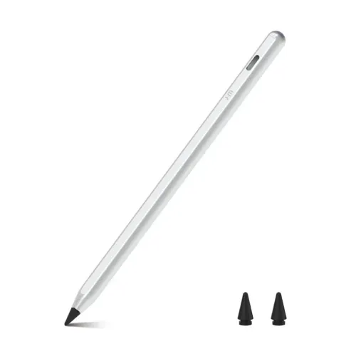 Stylet argenté Just Mobile pour iPad avec pointe de précision et deux pointes de rechange sur fond blanc