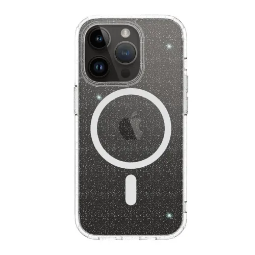 Transparent glitteretui til iPhone 14 Pro med hvid MagSafe-ring på bagsiden, hævet kameraramme og tildækkede knapper på siden.