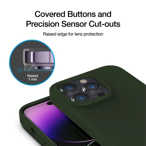 Mörkgrönt silikonskal för iPhone 14 Pro med täckta knappar, exakta utskärningar, upphöjd 1 mm kant runt kameran och slimmad profil.