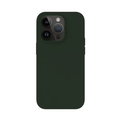 Mörkgrönt silikonskal för iPhone, visad bakifrån med tydlig upphöjd kameraöppning för trippelkamera och täckta sidoknappar.