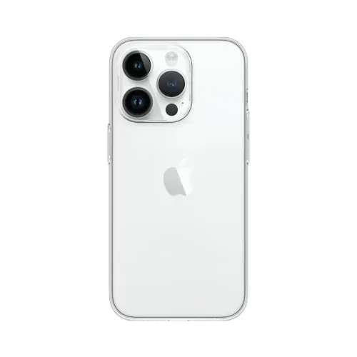 Just Mobile TENC Slim Fit Hülle für iPhone 14 Pro, kristallklare Rückseite mit erhöhtem Kamerarahmen und schlank abgedeckten Seitentasten.