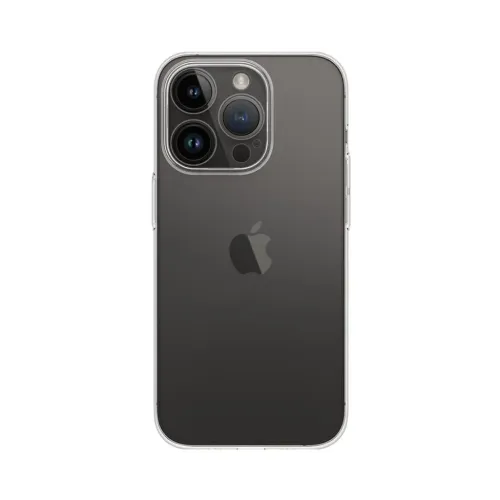 Just Mobile TENC Slim Fit Case für iPhone 14 Pro, kristallklar und dünn, mit abgedeckten Tasten und erhöhtem Kamerarahmen.