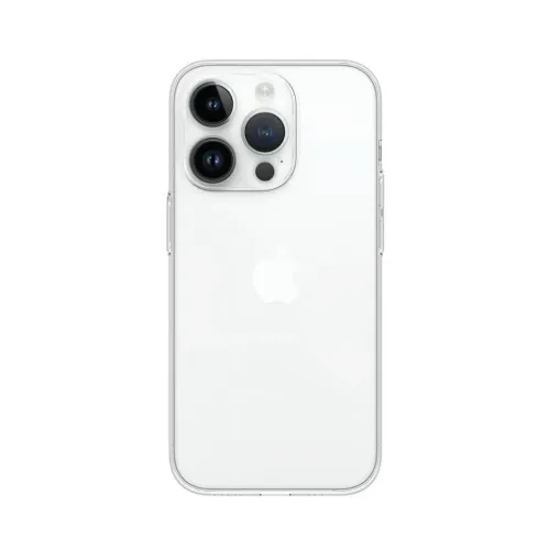 "Just Mobile TENC Slim Fit" dėklas "iPhone 14 Pro", skaidrios spalvos, vaizdas iš galo, plonas profilis ir paaukštintas kraštas aplink kamerą.