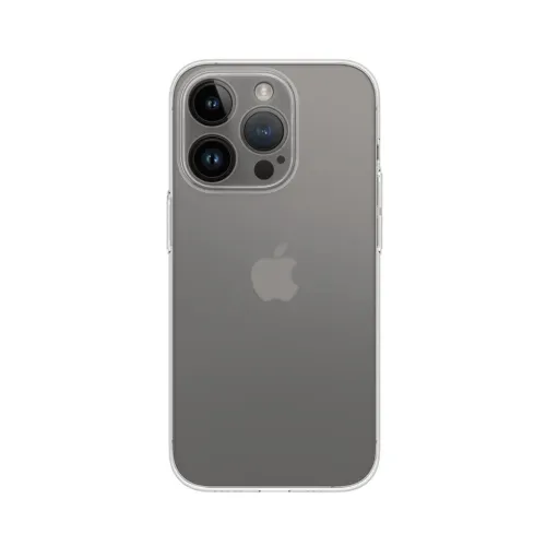 "Just Mobile TENC Slim Fit" dėklas "iPhone 14 Pro", šaltas: permatomas plonas dėklas su paaukštintu kameros rėmeliu ir uždengtais šoniniais mygtukais.