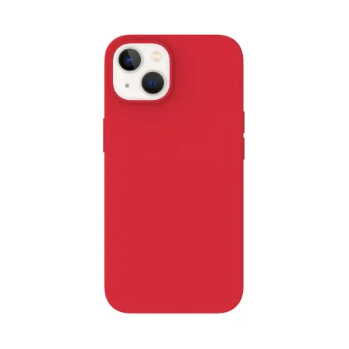 Just Mobile tENC silikonskal för iPhone 14 i korall, visat bakifrån med kamerautskärning och knappskydd.