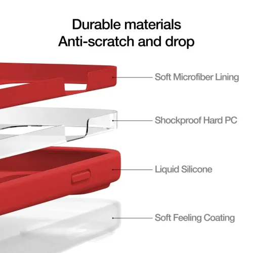 Korallenfarbene Silikonhülle für das iPhone 14 in Explosionsdarstellung mit Schichten: Mikrofaser, hartes PC, Flüssigsilikon und Außenbeschichtung.