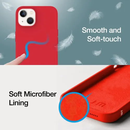 Silikonhülle in Koralle für iPhone 14; Ansicht von Rückseite und Innenseite mit abgedeckten Tasten, Kameraschutz und Mikrofaserfutter in Nahaufnahme.